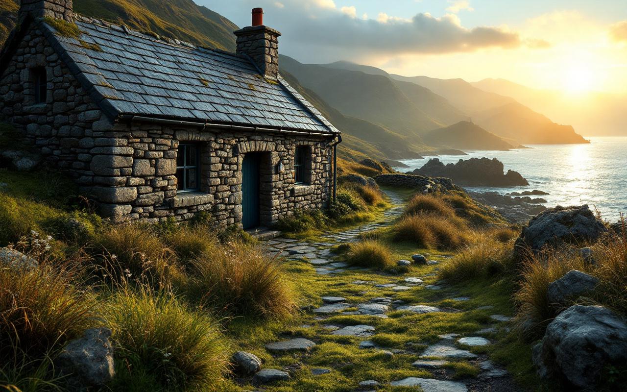 Petite maison en pierres près d'un sentier côtier, murs couverts de mousse et toit d'ardoise, herbes sauvages le long du chemin, falaises rocheuses et mer en arrière-plan, coucher de soleil doré avec lumière volumétrique douce.
