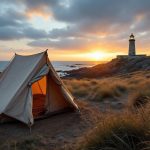 Photographie réaliste d'une tente en toile installée sur une côte rocheuse en Bretagne, herbes de dunes autour, un phare de pierre au loin émettant une lueur douce, mer calme et ciel de coucher de soleil aux tons bleus et dorés, lumière volumétrique subtile.