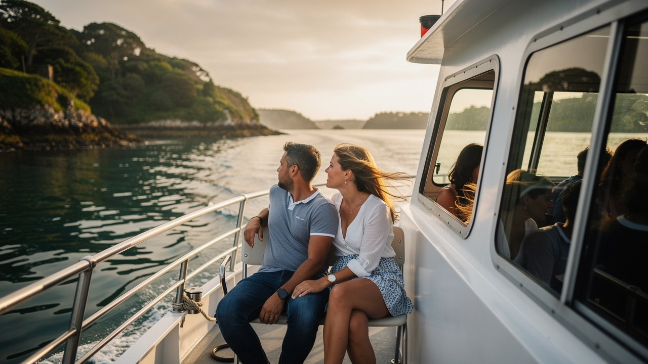 Petit bateau de promenade naviguant entre les îles du Golfe du Morbihan, avec un homme et une femme assis sur le pont dans la lumière douce de fin d’après-midi.