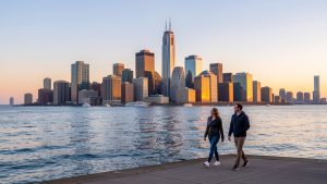 Vue panoramique de la skyline du Loop à Chicago depuis la rive du lac Michigan au lever du soleil, avec deux promeneurs sur la promenade.