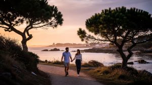 Un homme et une femme marchent main dans la main sur un sentier côtier du Golfe du Morbihan, entourés de pins maritimes et de calme, au coucher du soleil.