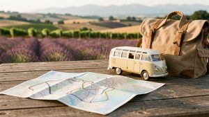 Carte routière aux tracés abstraits, petit modèle de van et sac de voyage posés sur une table en bois, avec des paysages français en arrière-plan.