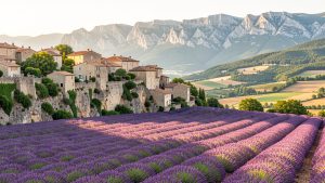 Panorama lumineux de la Drôme montrant un village perché au-dessus de champs de lavande, avec les montagnes du Vercors à l’arrière-plan.