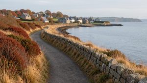 Sentier côtier bordé de végétation automnale menant vers un village breton au bord d’une mer calme dans le golfe du Morbihan.
