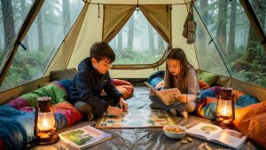 Deux enfants jouent et lisent à l’intérieur d’une tente familiale chaleureuse pendant une pluie continue en forêt.