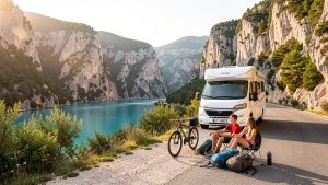 Un camping-car longe une route panoramique près des gorges du Verdon, avec trois adolescents, des sacs à dos et des vélos dans un paysage méditerranéen lumineux.