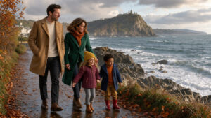Une famille en vêtements d’automne marche sur le chemin côtier près du Rocher de la Vierge à Biarritz, sous un ciel changeant.