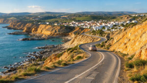 Route côtière sinueuse de l’Algarve longeant des falaises dorées, des criques turquoise et des collines verdoyantes, avec une petite voiture avançant vers l’horizon.