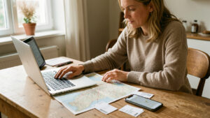 Une voyageuse française prépare un itinéraire de vacances avec un ordinateur portable, une carte papier, des billets de train vierges et un smartphone, dans une lumière naturelle.